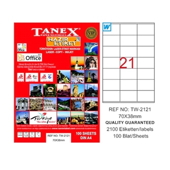 resm Tanex TW-2121 Düzkenar Etiket 70X38Mm 100Sf Beyaz