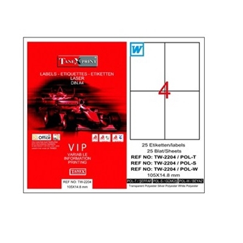 resm Tanex TW-2204 Düzkenar Etiket 105X148.5Mm 100Sf Beyaz