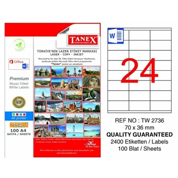 resm Tanex TW-2736 Düzkenar Etiket 70X36Mm 100Sf Beyaz