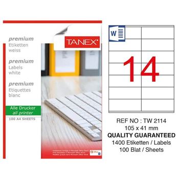 resm Tanex TW-2114 Düzkenar Etiket 105X41Mm 100Sf Beyaz