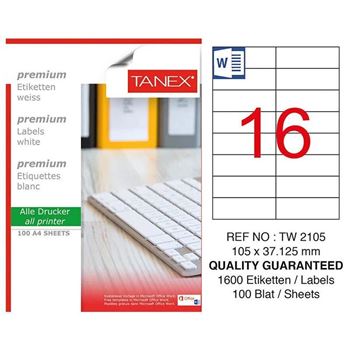 resm Tanex TW-2105 Düzkenar Etiket 105X37.125mm 100Sf Beyaz