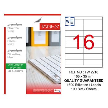 resm Tanex TW-2216 Düzkenar Etiket 105X35Mm 100Sf Beyaz