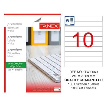 resm Tanex TW-2069 Düzkenar Etiket 210X29,69MM 100SF Beyaz