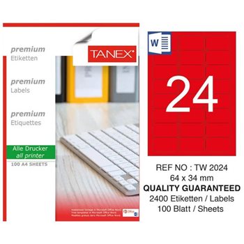 resm Tanex TW-2024 Yuvarlak Kenar  Etiket 64X34MM Kırmızı