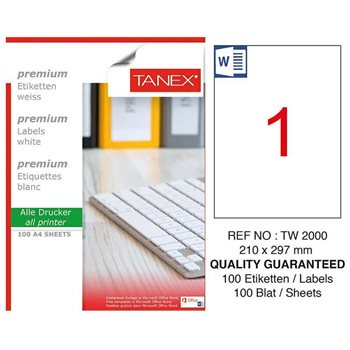 resm Tanex TW-2000 Düzkenar Etiket 210X297Mm 100Sf Beyaz
